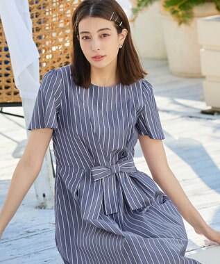 Tiaclasse 【洗える】ストライプアシンメトリーリボンワンピース ネイビー