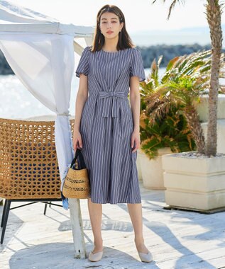 Tiaclasse 【洗える】ストライプアシンメトリーリボンワンピース ネイビー