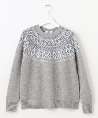 J.PRESS LADIES 【洗える】FAIR ISLE ラウンドネック ニット ライトグレー系