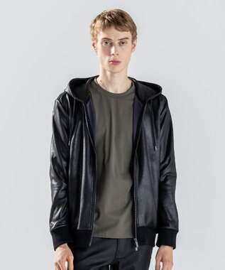 JOSEPH HOMME 新素材【ストレッチ/光沢感】レザーライクジャージーコンビ　フーディー ブラック系