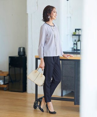 Tiaclasse 【洗える】大人上品な配色ピンタックブラウス グレーネイビー