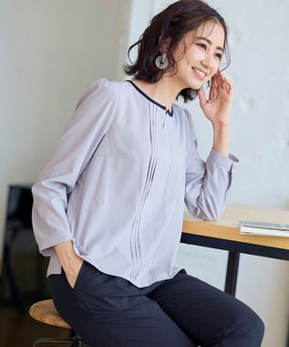 Tiaclasse 【洗える】大人上品な配色ピンタックブラウス グレーネイビー