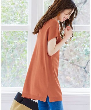 Tiaclasse L 【洗える】さらりと肌離れの良いフレンチスリーブニットチュニック オレンジ