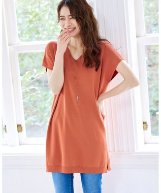 Tiaclasse L 【洗える】さらりと肌離れの良いフレンチスリーブニットチュニック オレンジ