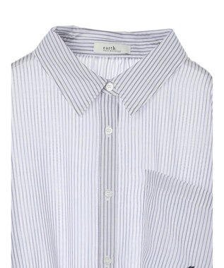 earth music&ecology ワンポイント刺繍ロングシャツ Stripe Navy