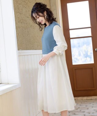 Tiaclasse 【洗える】一枚でコーデが決まるニットソーレイヤード風ワンピ ブルー×オフ