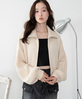 WEGO ダブルジップショートニットブルゾン ホワイトアイボリー