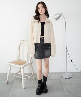 WEGO ダブルジップショートニットブルゾン ホワイトアイボリー