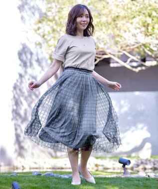 Tiaclasse 【洗える】チェック柄チュールレーススカート ブルー