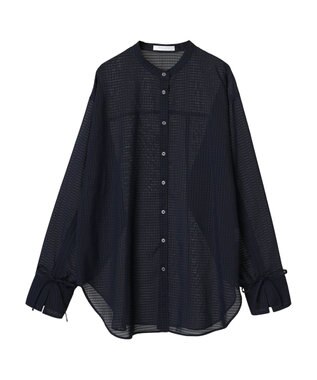 Green Parks シアーチェック袖ドロストシャツチュニック Dark Navy