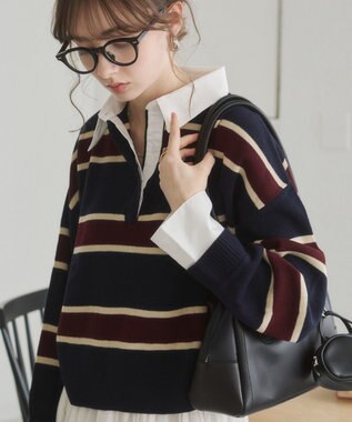 WEGO 【ANGIE VINTAGE】シャツ襟 ドッキング　フェイクレイヤード ニット トップス ブルーボーダー