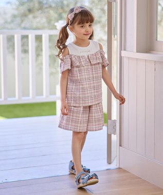 ANY KIDS オフショルダー フリル ブラウス ブラウン系チェック