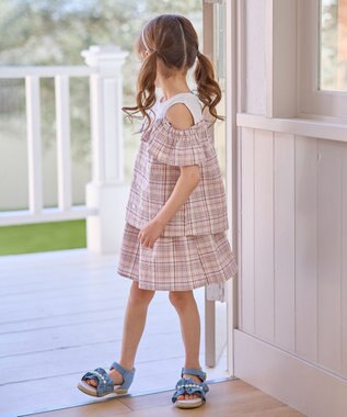 ANY KIDS オフショルダー フリル ブラウス ブラウン系チェック