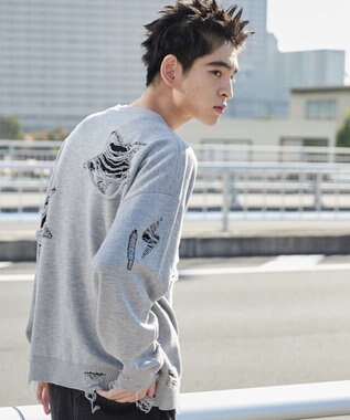 WEGO 【ユニセックス着用ITEM】ダメージジャガードニットプルオーバー グレー