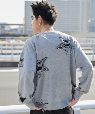 WEGO 【ユニセックス着用ITEM】ダメージジャガードニットプルオーバー グレー