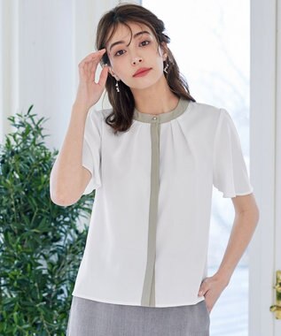 Tiaclasse 【新色追加・洗える】フロントタック配色ブラウス オフ×ミント