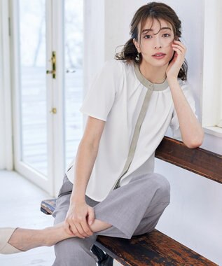 Tiaclasse 【新色追加・洗える】フロントタック配色ブラウス オフ×ミント