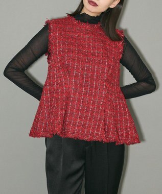 Green Parks ツイードペプラムベスト Red