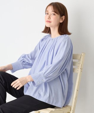 ANY 【手洗い可能】ヨーロピアンリネンギャザーブラウス ライトブルー