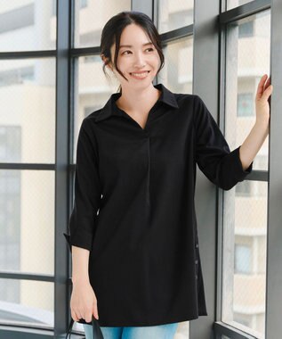 Tiaclasse 【洗える】サイドボタンシャツチュニックブラウス ブラック