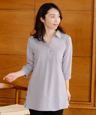 Tiaclasse 【洗える】サイドボタンシャツチュニックブラウス グレージュ