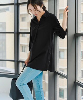 Tiaclasse 【洗える】サイドボタンシャツチュニックブラウス ブラック