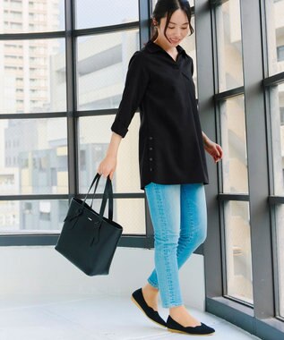 Tiaclasse 【洗える】サイドボタンシャツチュニックブラウス ブラック