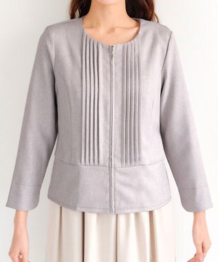 Tiaclasse 【小倉優子さん着用】【洗える】ピンタックノーカラージャケット グレージュ