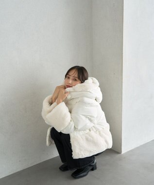 earth music&ecology フードファー中綿ショートコート ホワイト