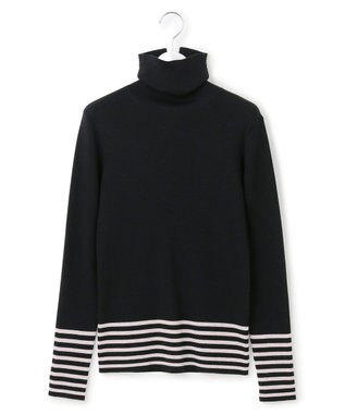 23区 L 【見上愛さん着用/VERY掲載/洗える】ウーステッドウール リブタートル ボーダー ニット ブラック×ベージュ