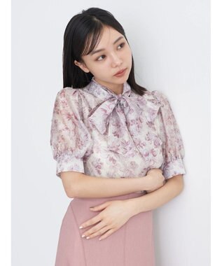earth music&ecology フラワー柄シアーパフブラウス Pink