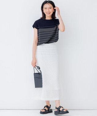 23区 L 【洗える】ランダムボーダー フレンチスリーブ カットソー カーキ×ネイビー