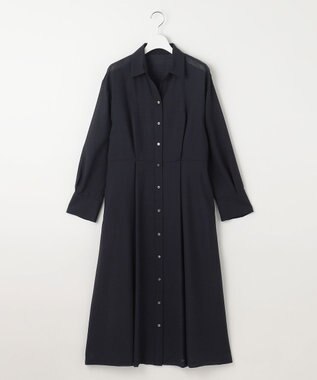 自由区 【洗える】トロピカルストレッチシャツ ドレス ネイビー