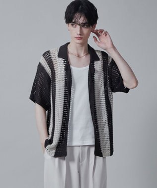 WEGO マルチストライプニットシャツ（S） ダークグレー