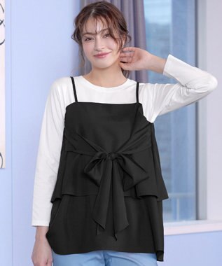 Tiaclasse 【洗える】リボンキャミドッキングカットソートップス ブラック