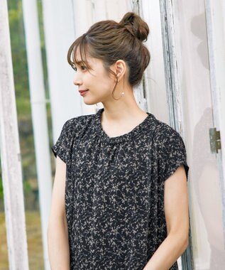 Tiaclasse L 【洗える】花柄シフォン衿ギャザーワンピース ブラック