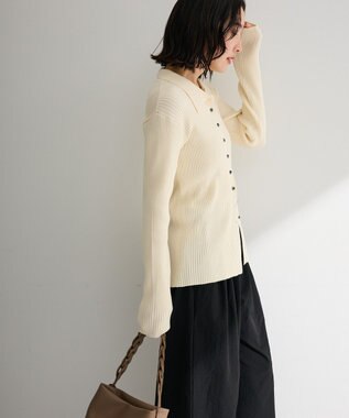 Green Parks 襟付きリブニットカーディガン Ecru