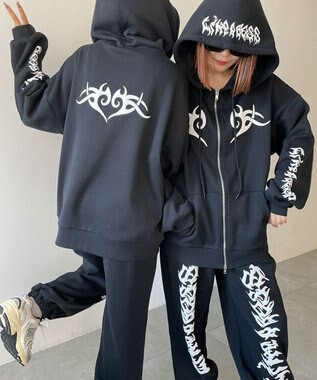 WEGO 【裏起毛/セットアップ対応】グラフィック裏起毛ZIPビッグパーカー ブラック