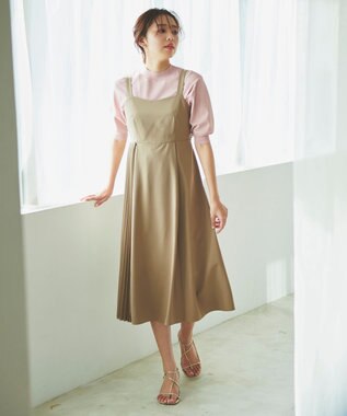 Feroux 【洗える】プリーツコンビ ジャンパースカート ベージュ系