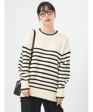 earth music&ecology ウォッシャブル脇スリットクルーネックプルオーバー Border Ivory