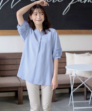 Tiaclasse L 【洗える】フリル付きパフスリーブチュニック サックス