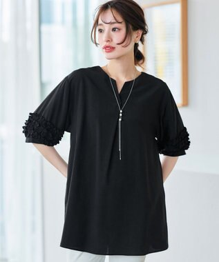 Tiaclasse L 【洗える】フリル付きパフスリーブチュニック ブラック