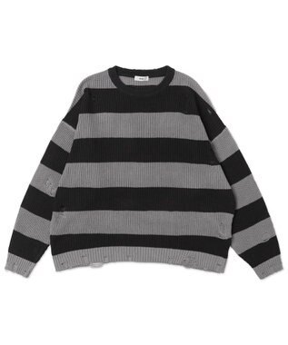 WEGO ボーダーダメージニットプルオーバー グレーボーダー