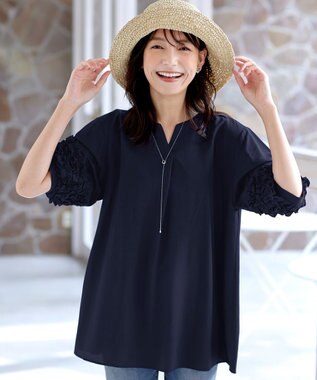 Tiaclasse L 【洗える】フリル付きパフスリーブチュニック ネイビー