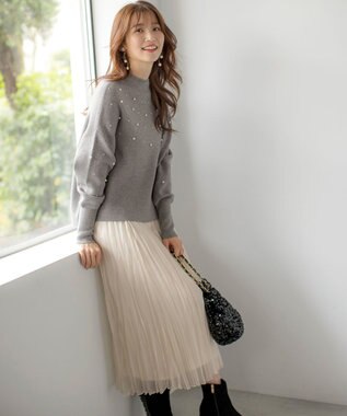 ANY SIS 【洗える】パール調ディテール ニット グレー