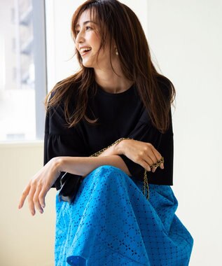 組曲 【汗ジミ防止・撥水】GIZAプレーティング天竺 袖フレア Tシャツ ブラック系