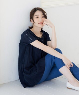 Tiaclasse L 【洗える】カットレースチュニックブラウス ネイビー