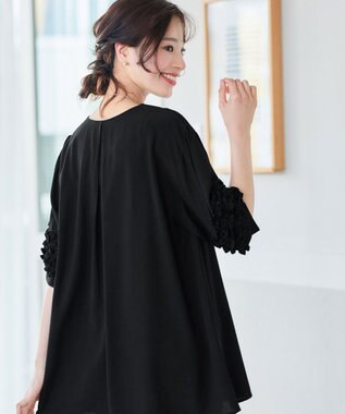 Tiaclasse L 【洗える】フリル付きパフスリーブチュニック ブラック
