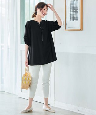 Tiaclasse L 【洗える】フリル付きパフスリーブチュニック ブラック