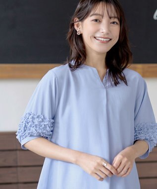 Tiaclasse L 【洗える】フリル付きパフスリーブチュニック サックス